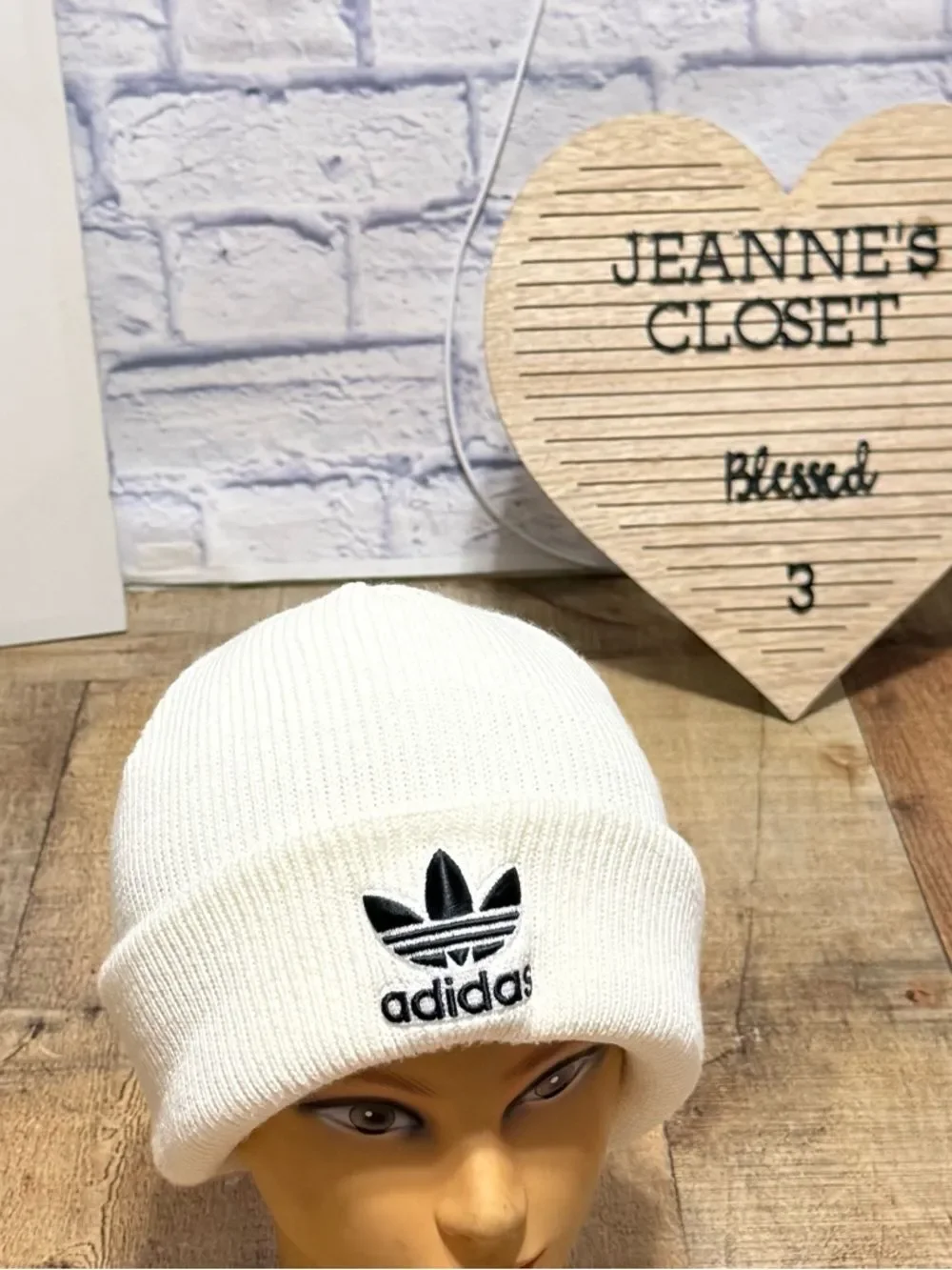 Adidas White Cream Trefoil Knit Beanie Winter Hat Black Embroidered OSFM